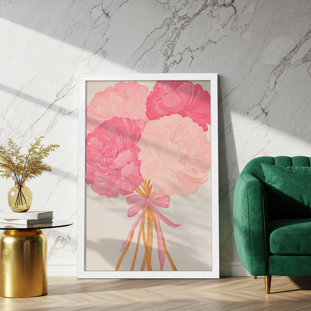Framed Poster featuring a bouquet of pink peonies. Modern art style with a soft, feminine color palette. Perfect wall decor!