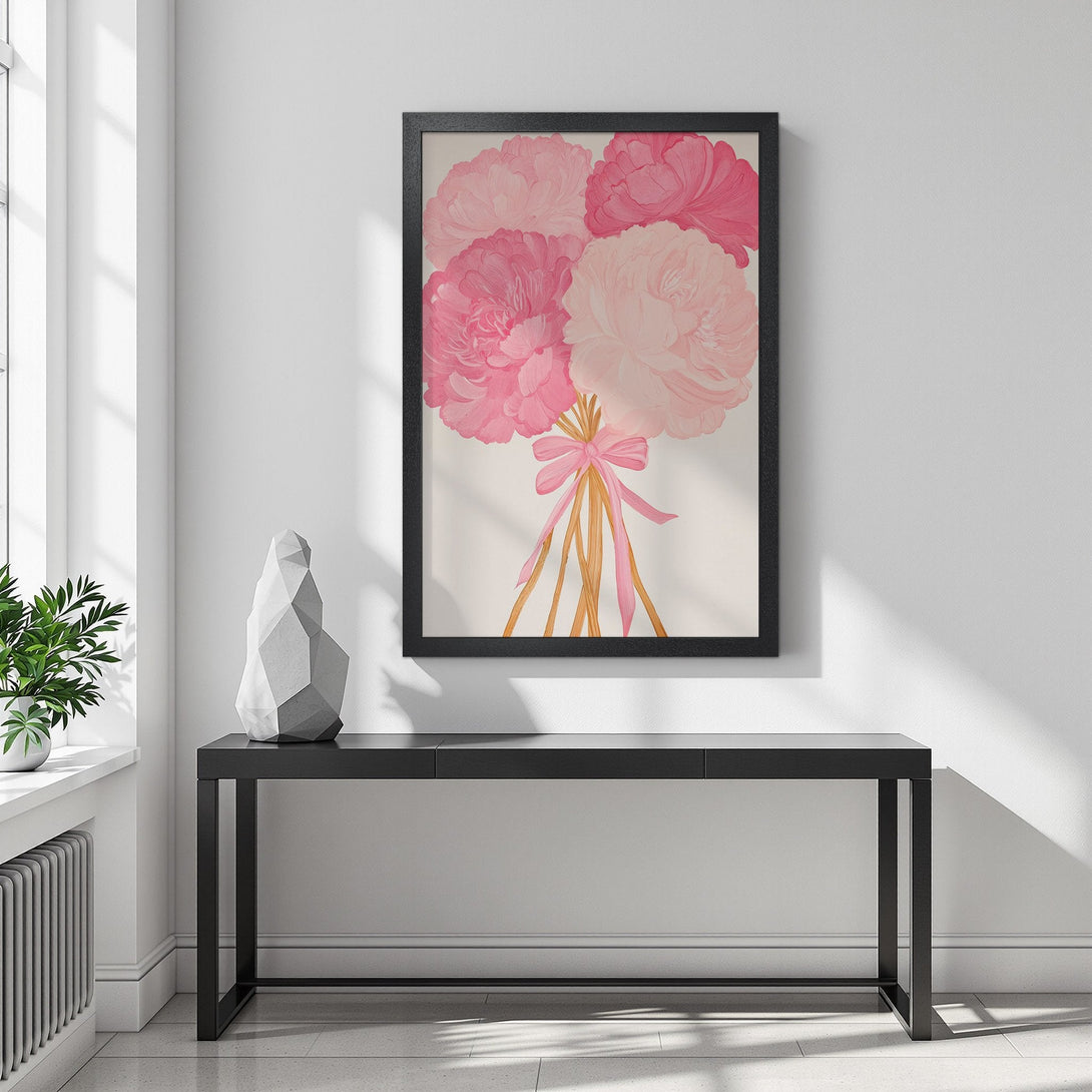 Framed Poster featuring pink peony bouquet art in a modern style, perfect for adding a touch of elegance to your home decor.