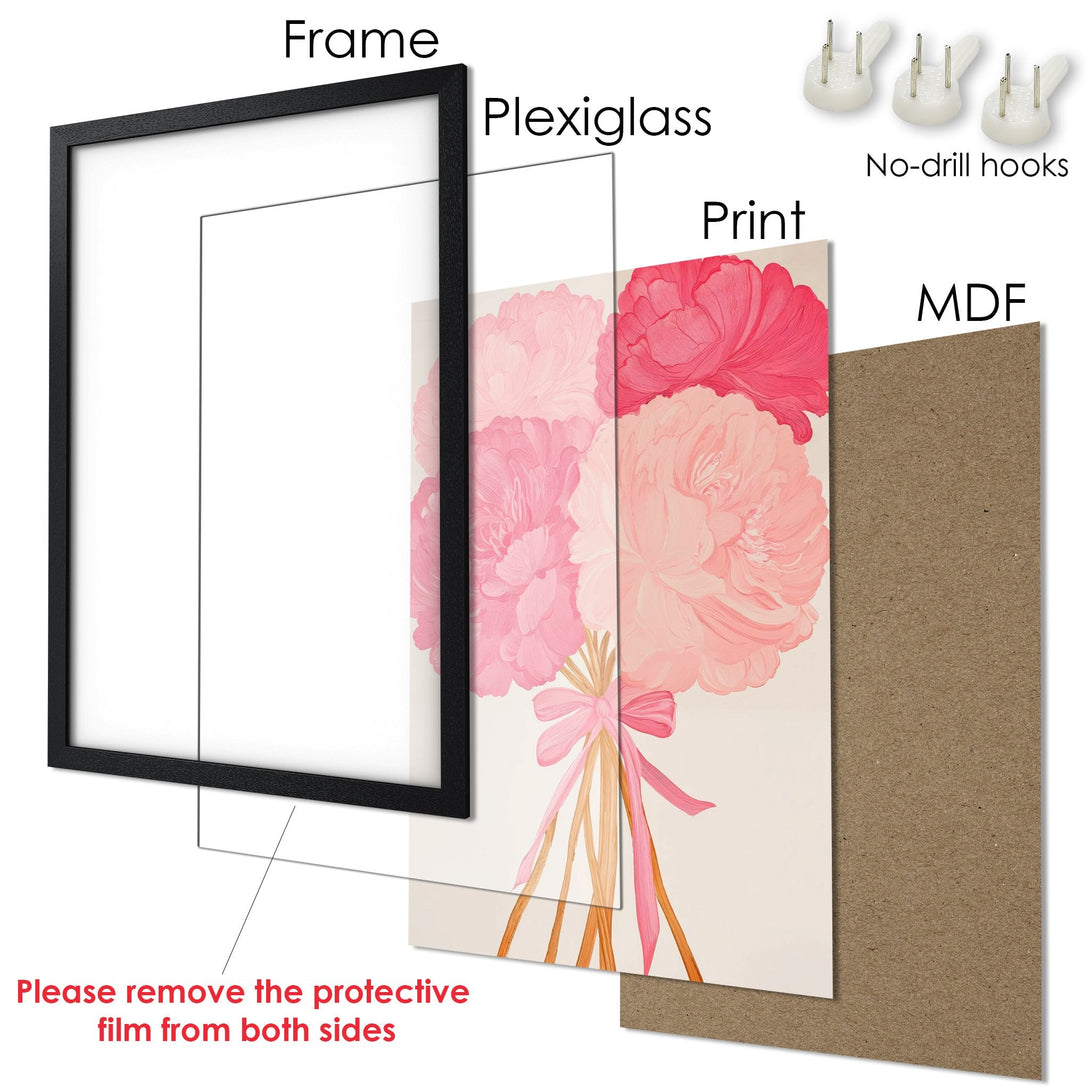 Framed Poster featuring a floral bouquet in pink hues. Elegant art print, perfect for home decor.