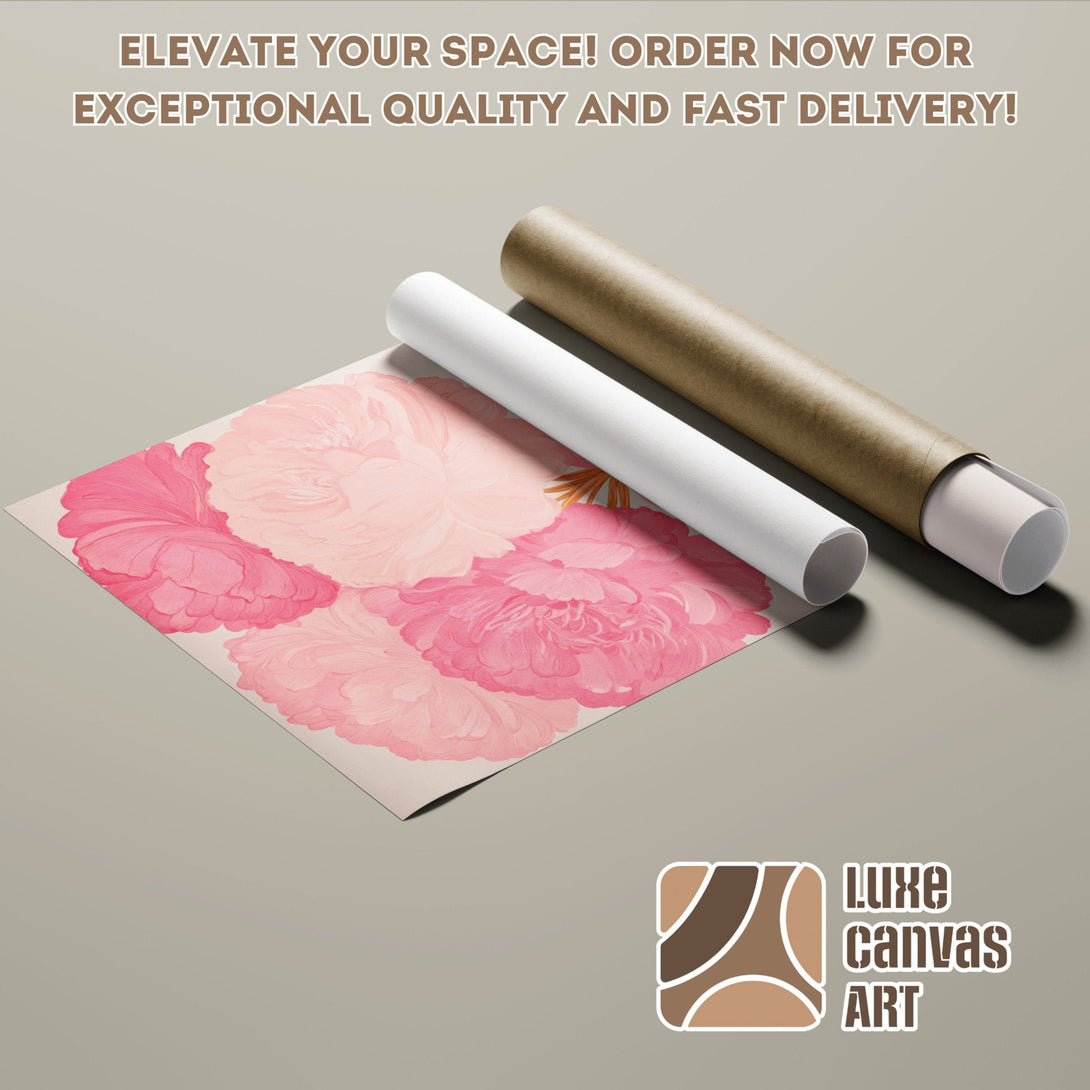Poster Roll with pink floral art. Modern style, soft pink and neutral color palette. Elevate your space with Luxe Canvas Art.
