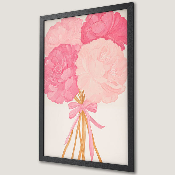 Framed Poster of pink peony bouquet art. Soft, painterly style with a pink and cream color palette. Perfect floral wall decor.