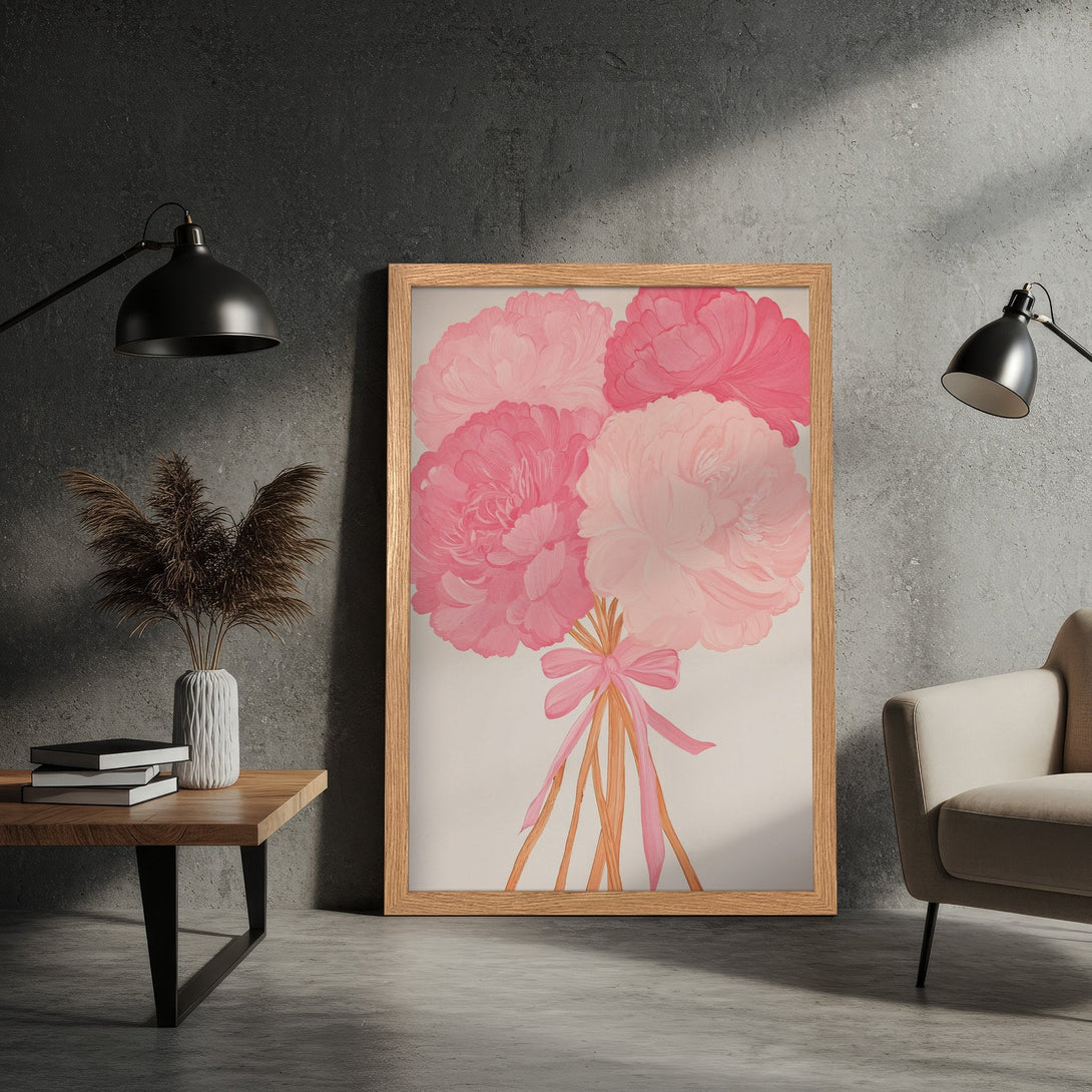 Framed Poster of pink peonies, soft watercolor style, blush and coral color palette, perfect for home decor.