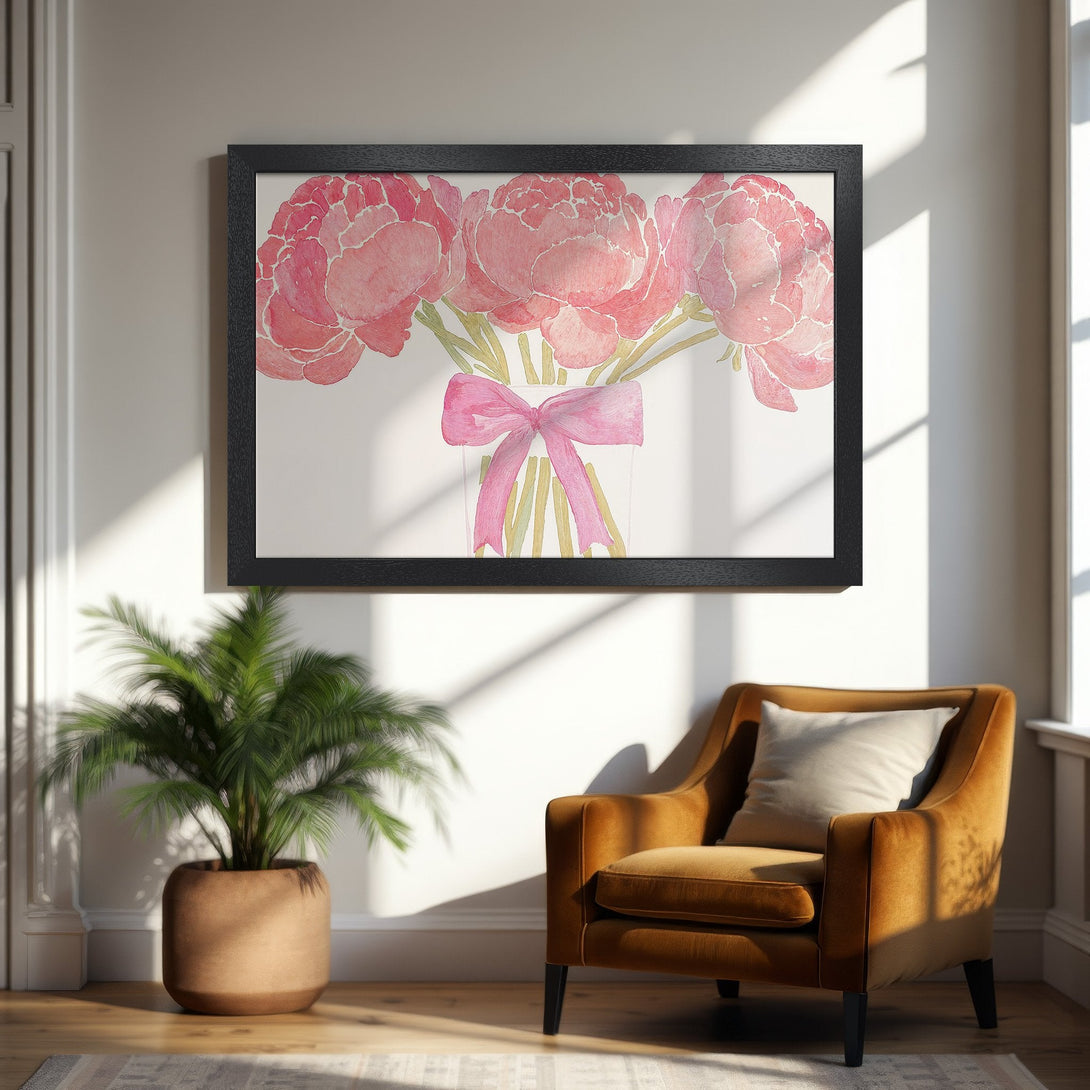 Framed Poster featuring watercolor peonies in pink. Perfect floral art for your home decor!