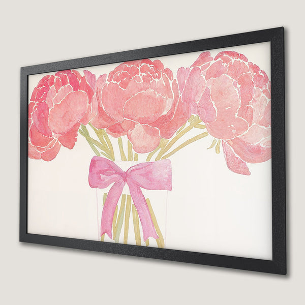 Framed Poster featuring watercolor peonies in pinks and greens. Perfect floral art for your home!