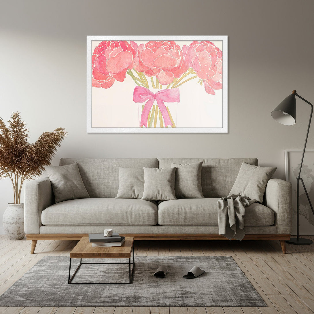 Framed Poster featuring a watercolor bouquet of pink peonies. Soft, romantic style with a warm, neutral color palette. Perfect home decor!