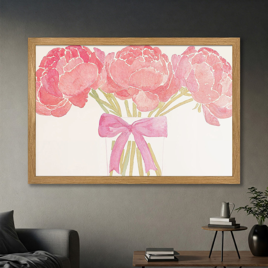 Framed Poster featuring watercolor peonies in pink hues. Perfect floral art for your home decor.