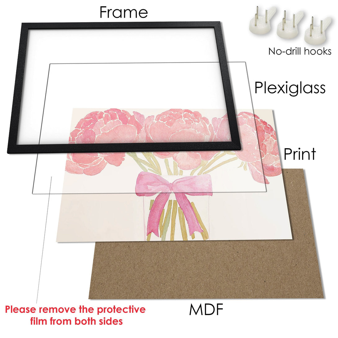 Framed Poster featuring watercolor peonies in pinks & greens. Elegant floral art for your home. Shop now!