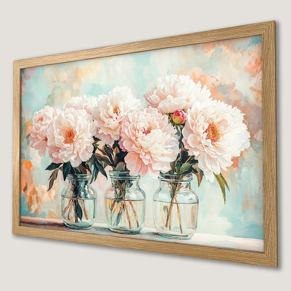 Framed Poster featuring delicate peony flowers in a soft, painterly style with a pastel color palette. Perfect wall art!