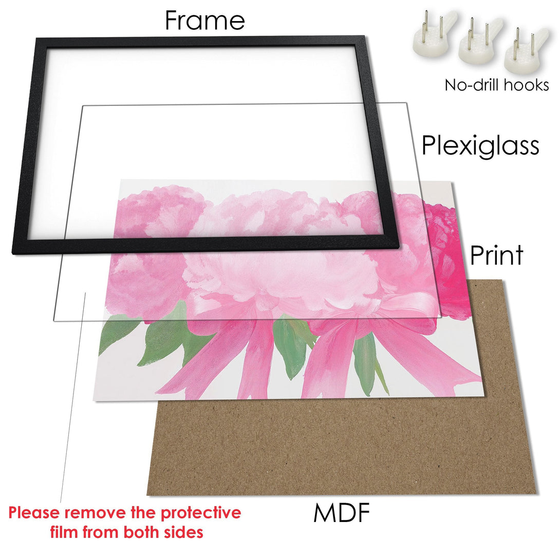 Framed Poster featuring pink floral art. Modern style, pink and green color palette. Perfect wall decor for a fresh look!
