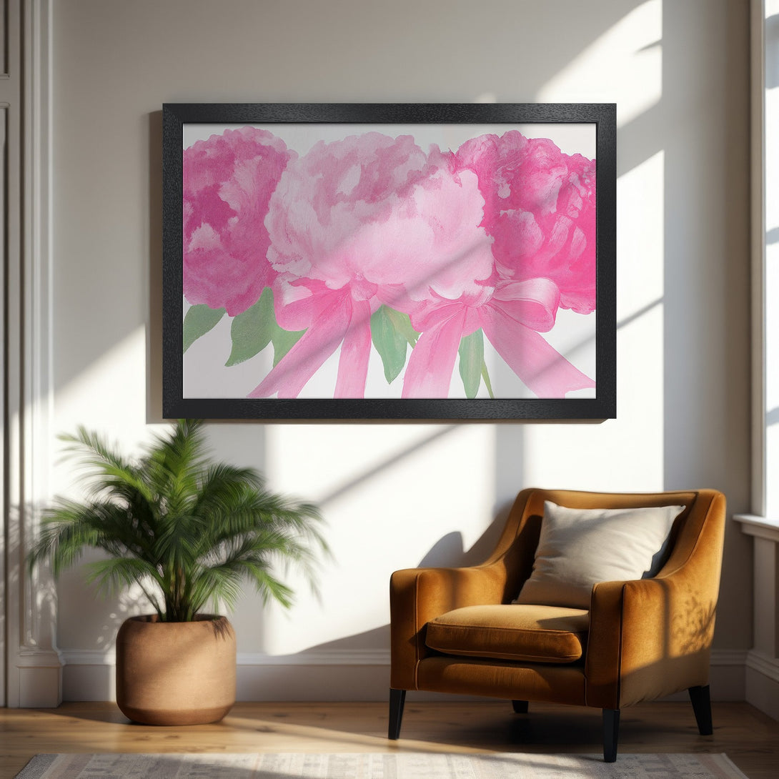 Framed Poster of pink peonies, watercolor style, with a soft pink and white color palette. Perfect wall art!