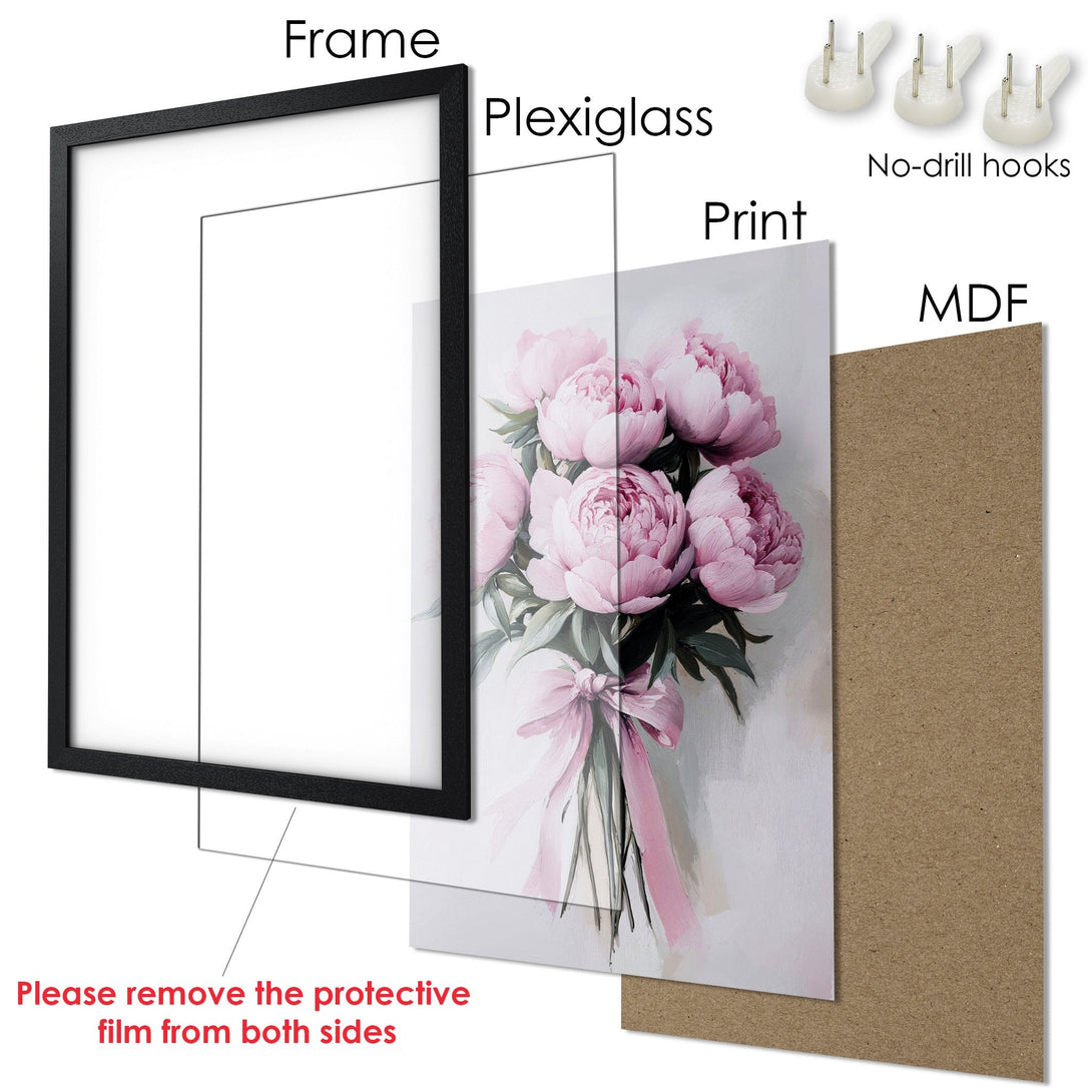 Framed Poster featuring pink peony floral art. Soft, painterly style with a delicate, romantic color palette. Ready to hang!