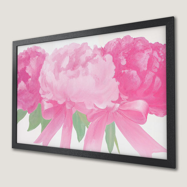 Framed Poster featuring a watercolor painting of pink peonies. Modern floral art with a vibrant pink color palette.