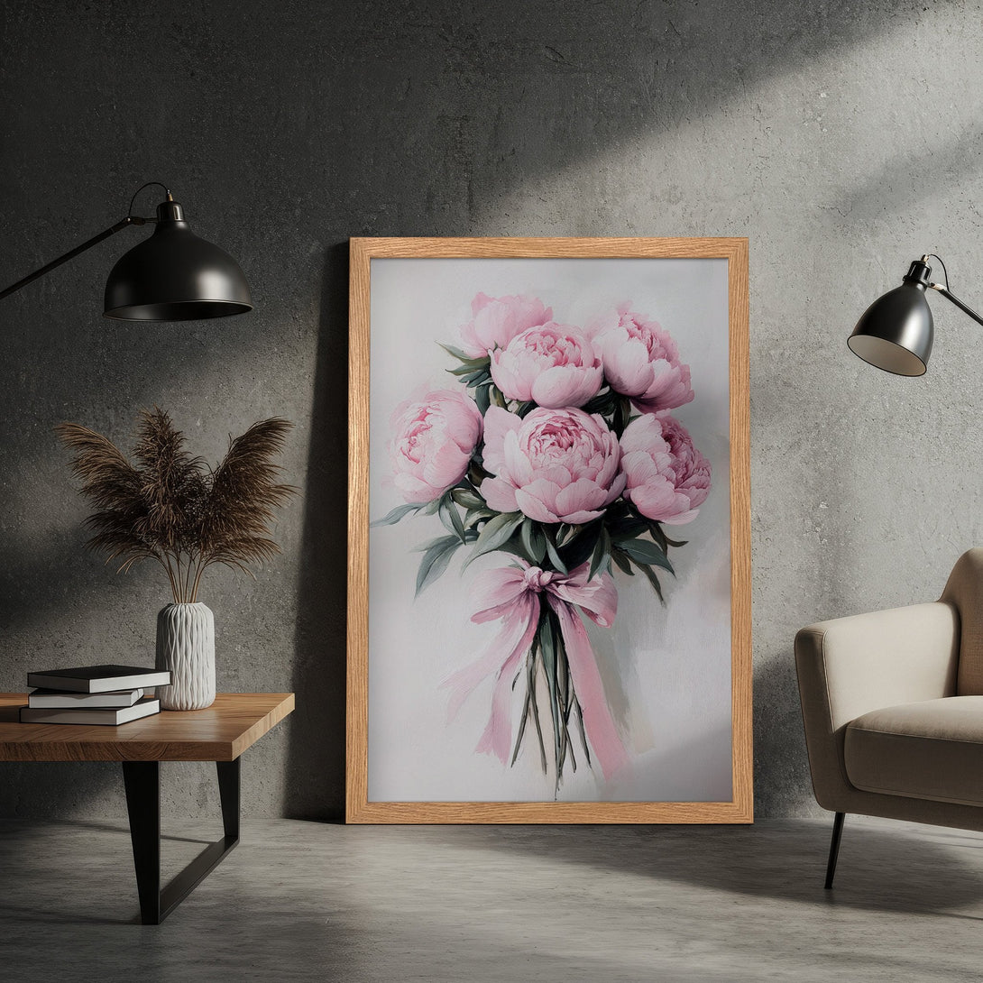 Framed Poster featuring a bouquet of pink peonies. Artistic style, soft color palette with pink and green accents. Perfect wall art for your home.