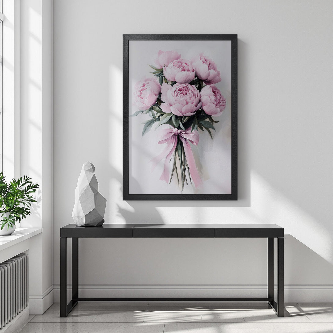 Framed Poster featuring a floral bouquet in soft pink tones. Elegant art print perfect for home decor.