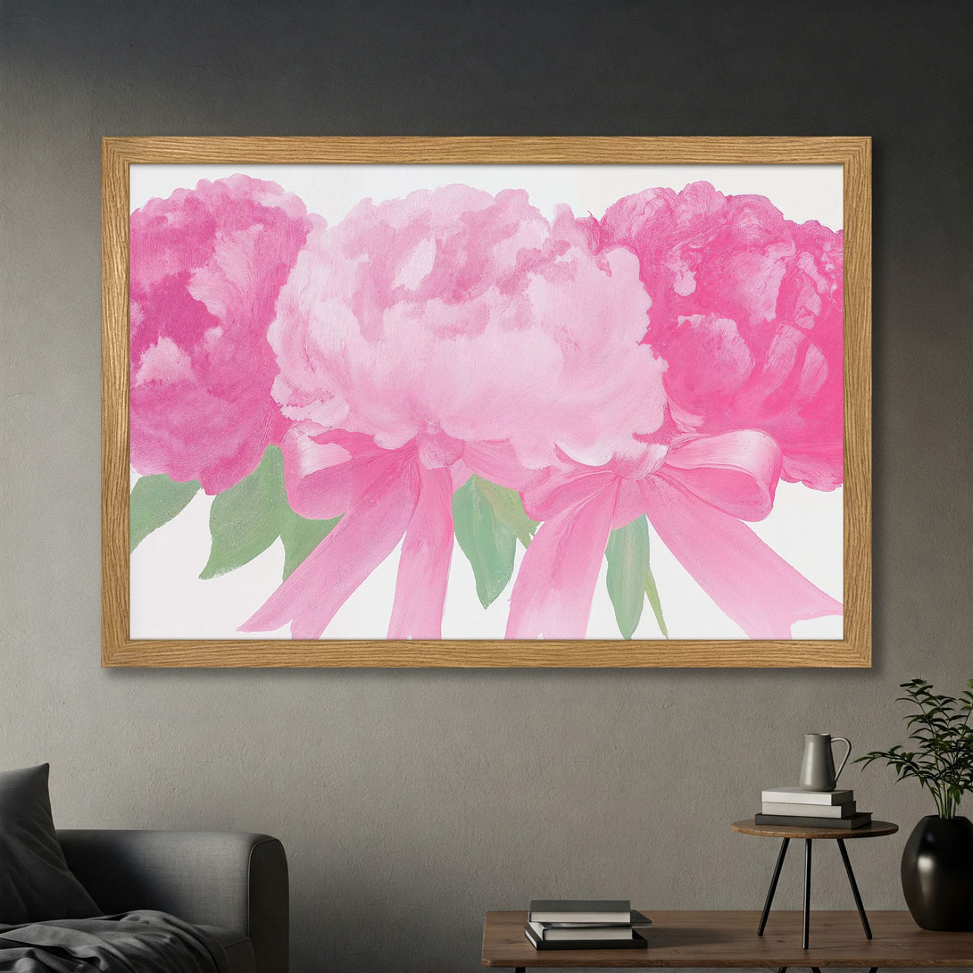 Framed Poster featuring pink peony flowers. Watercolor style art with a vibrant pink color palette, perfect for adding a touch of elegance.