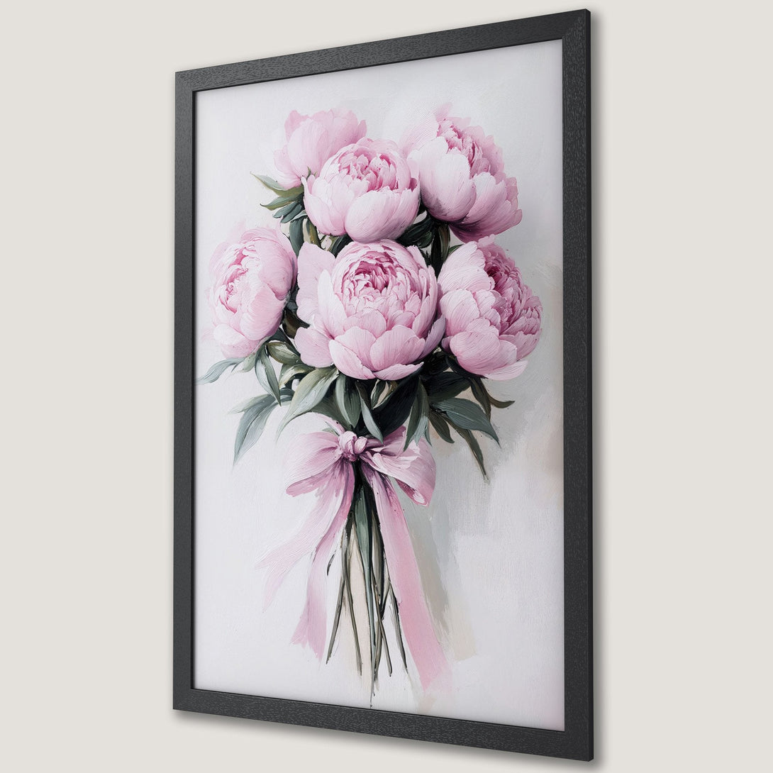 Framed Poster featuring a bouquet of pink peonies in a soft, romantic style. Delicate floral art with a pastel color palette.