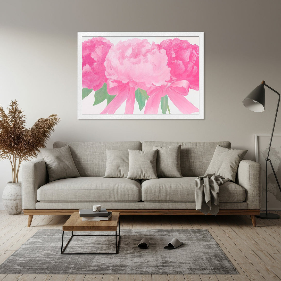 Framed Poster featuring pink peony artwork, soft watercolor style, with a pink and green color palette. Perfect wall art!