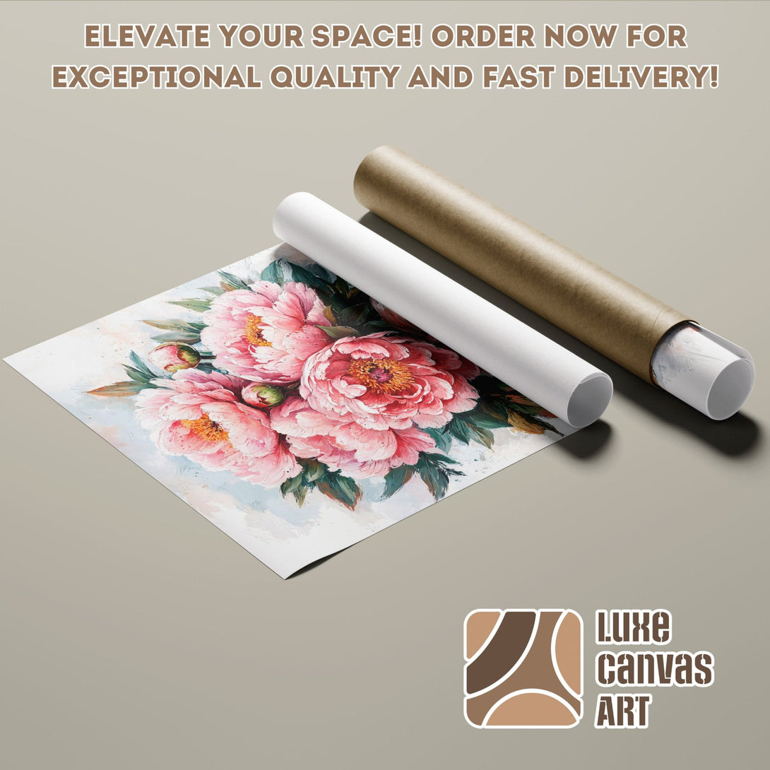 Poster Roll of Pink Floral Art. Watercolor style. Soft pinks, greens, and neutral tones. Elevate your space!