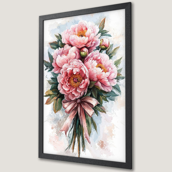 Framed Poster of pink peony bouquet, watercolor style, with a soft, pastel color palette. Perfect floral wall art.
