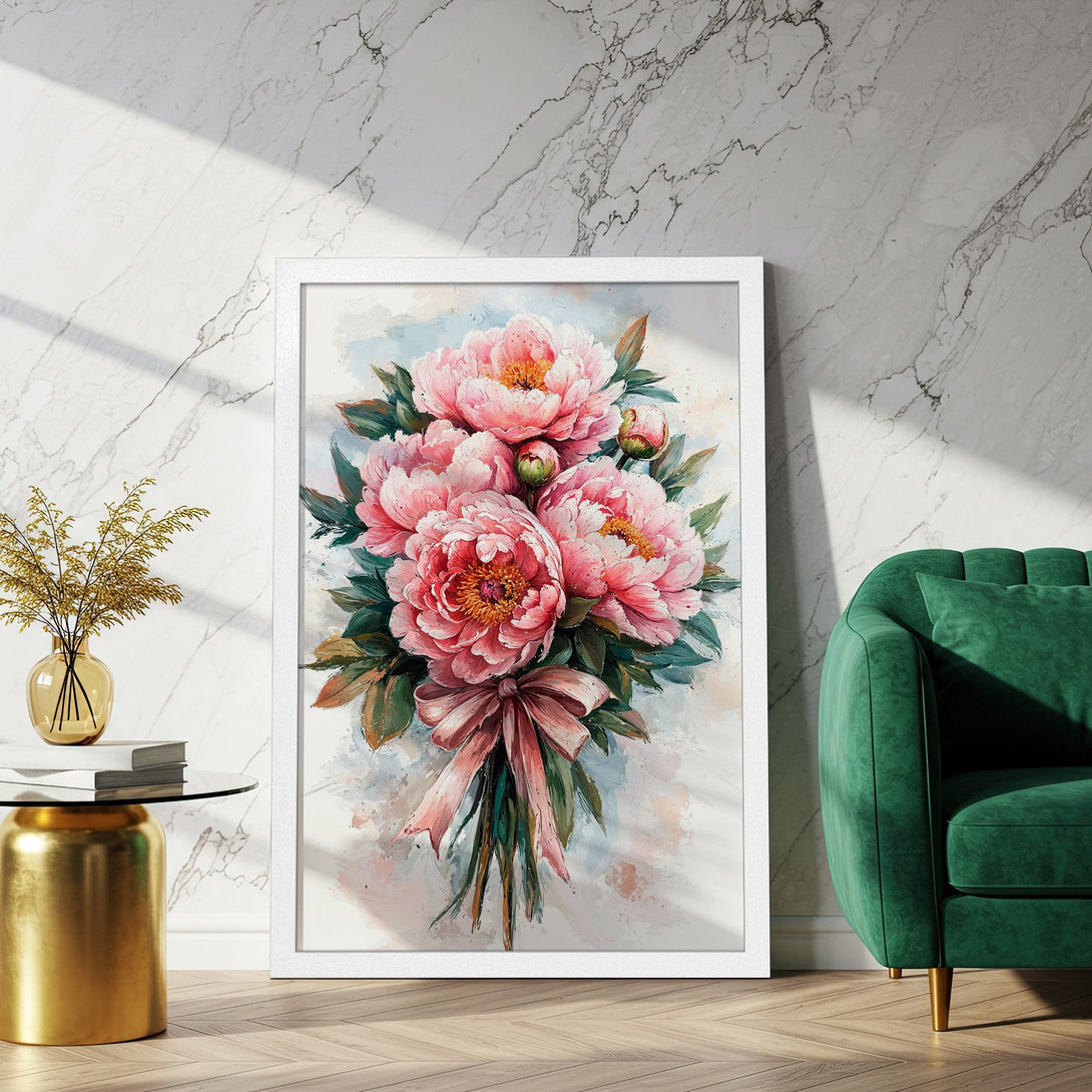 Framed Poster featuring watercolor peonies in pink and green, perfect for adding a touch of elegance to your home decor.