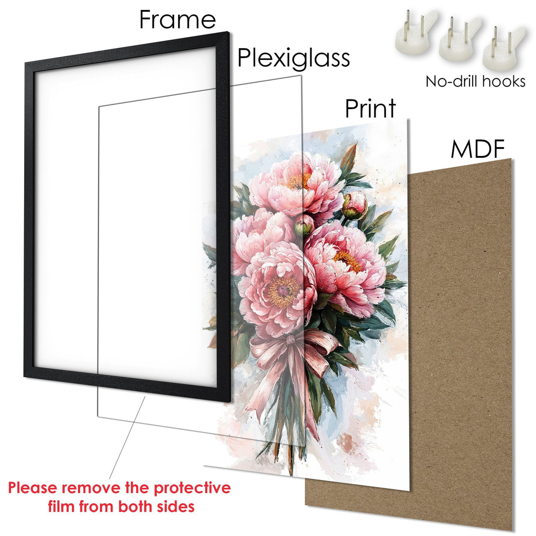 Framed Poster featuring watercolor peonies in pink and green hues. Elegant floral art print, ready to hang.