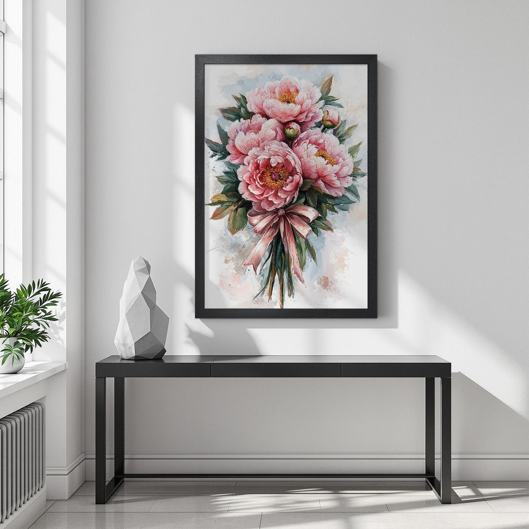 Framed Poster featuring watercolor peonies in pink hues, perfect for adding a touch of elegance to your home decor.