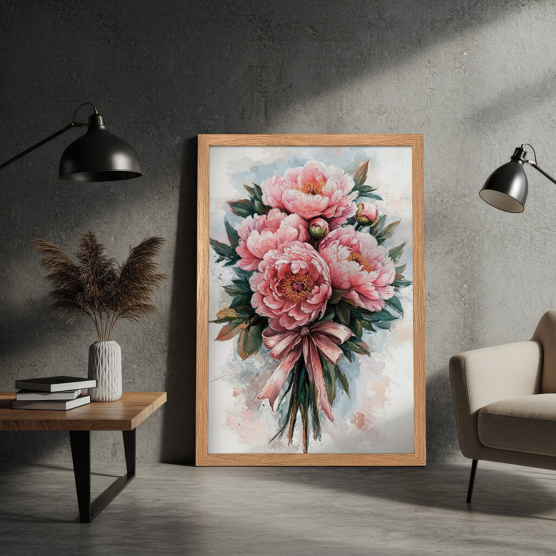 Framed Poster featuring a watercolor-style bouquet of pink peonies. Soft, romantic floral art with a blush and green color palette. Perfect wall decor.