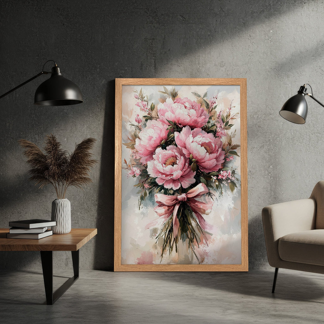 Framed Poster featuring a watercolor-style floral bouquet in pink hues. Perfect art print for home decor, adding a touch of elegance.