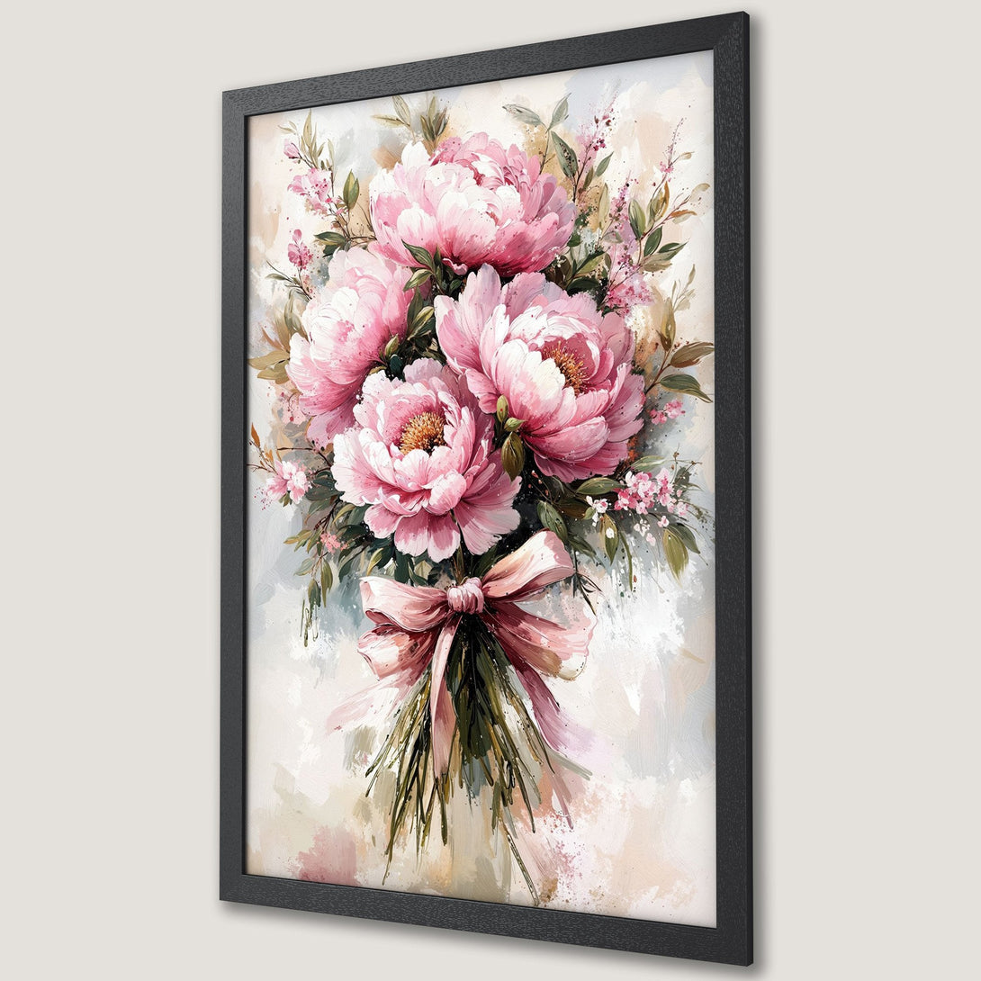 Framed Poster featuring a watercolor painting of pink peonies with a bow. Soft, romantic style with a pastel color palette. Perfect wall art!