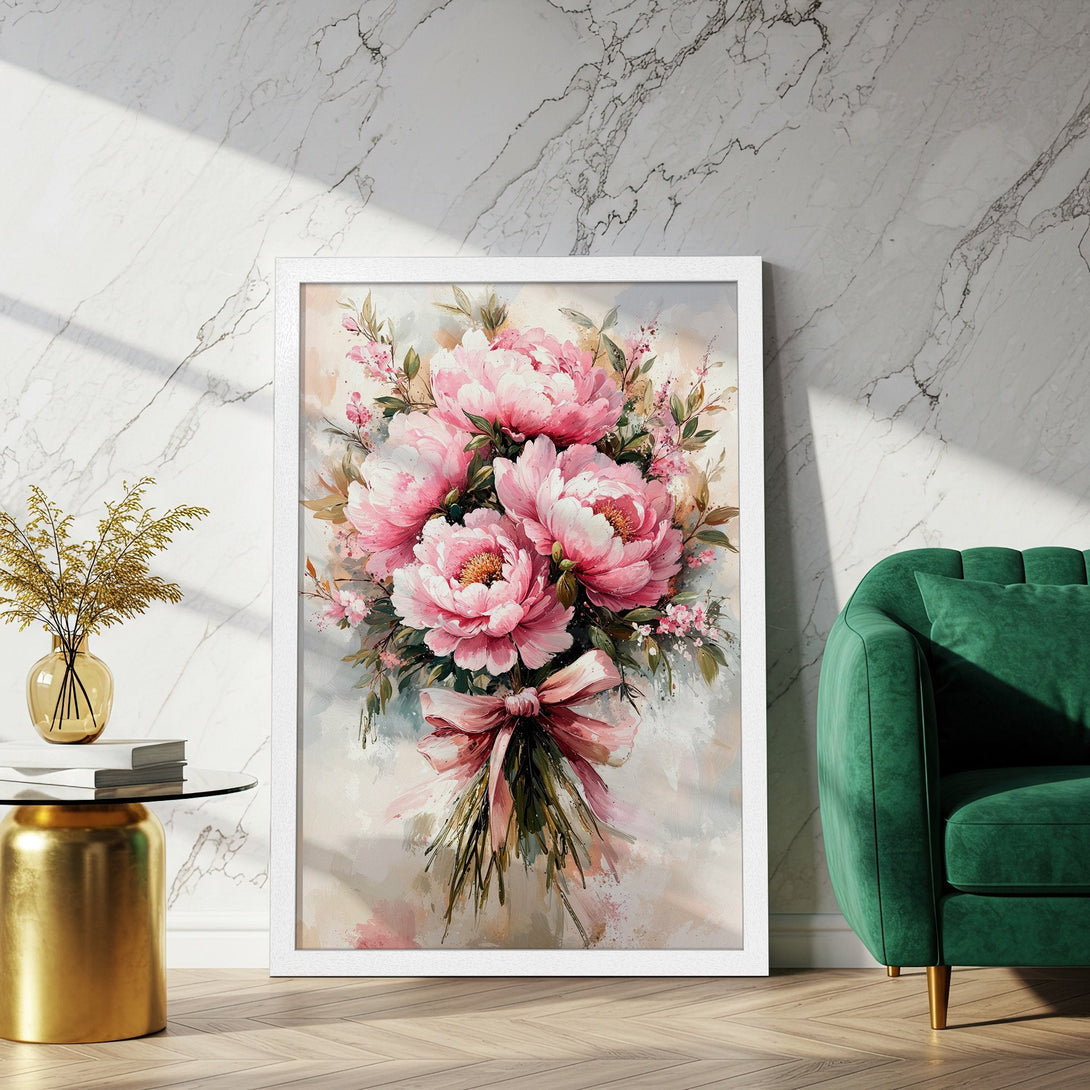 Framed Poster of pink peonies in watercolor style, soft pastel color palette, perfect for home decor.