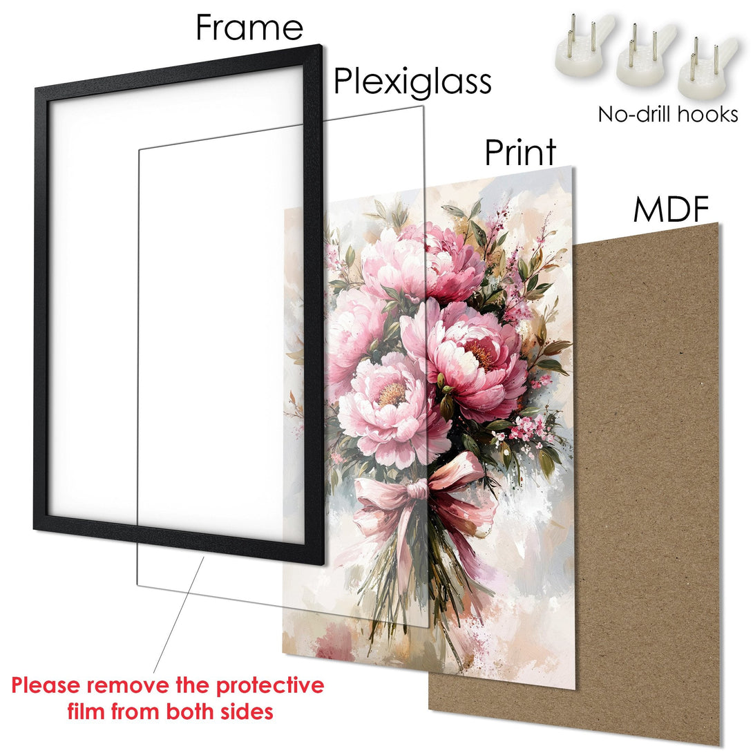 Framed Poster featuring a floral bouquet in a watercolor style, with a pink and neutral color palette. Perfect wall art!