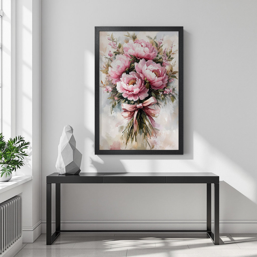 Framed Poster featuring a watercolor bouquet of pink peonies. Elegant floral art in soft pink and green tones. Perfect wall decor.