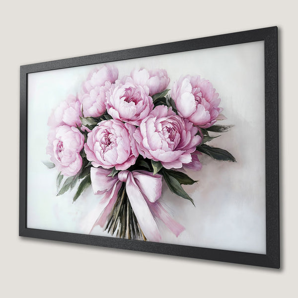Framed Poster: Elegant watercolor peonies in pink and green, perfect floral wall art.