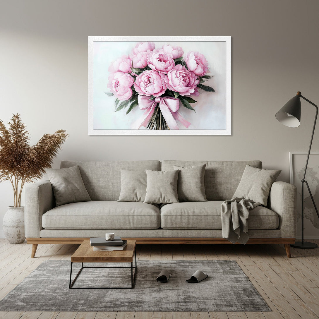 Framed Poster featuring a bouquet of pink peonies. Watercolor style, soft pink and green color palette. Perfect floral wall art.