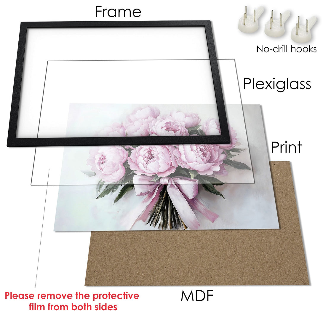 Framed Poster featuring a floral bouquet in soft pinks and greens. Elegant art print with a black frame, ready to hang.
