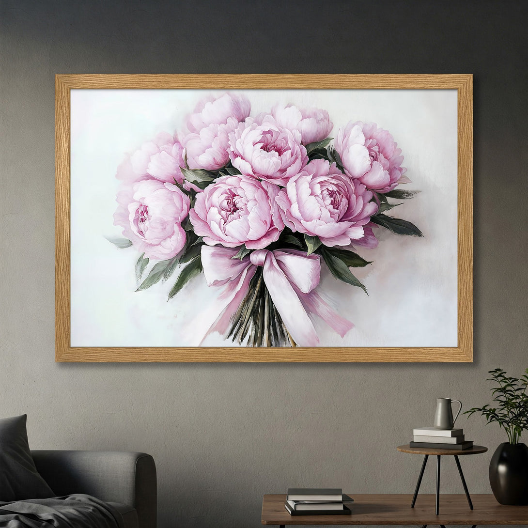 Framed Poster of pink peony bouquet, watercolor style, soft pastel color palette. Add a touch of elegance to your space!