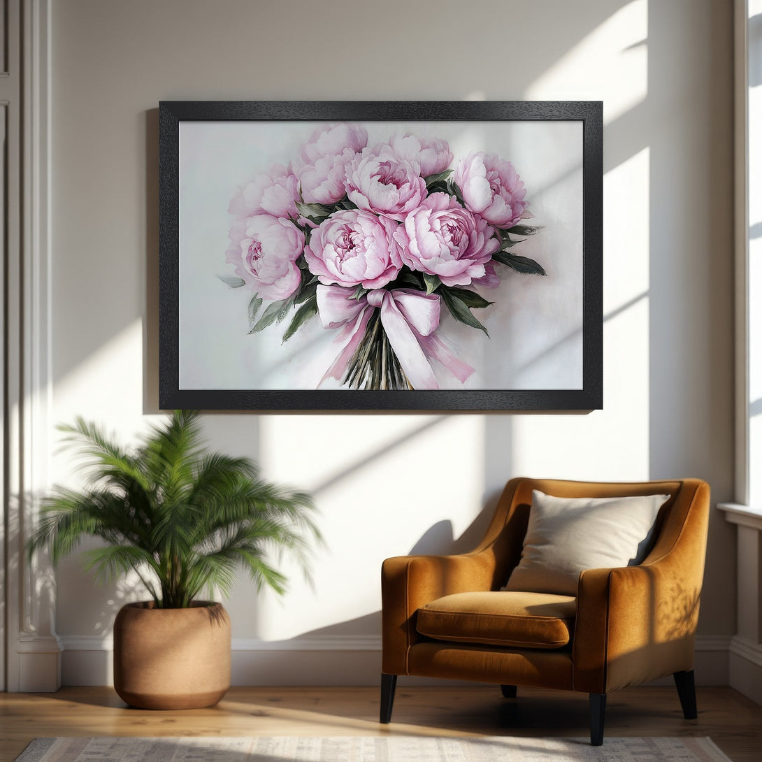Framed Poster featuring watercolor peonies in pink & white. Elegant floral art for home decor.