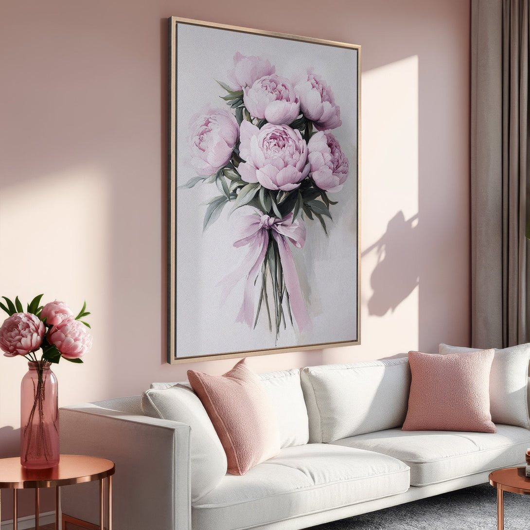 Framed Wall Art: Elegant peony bouquet in blush pink. Perfect for adding a touch of floral beauty to your living room. Soft, romantic color palette.