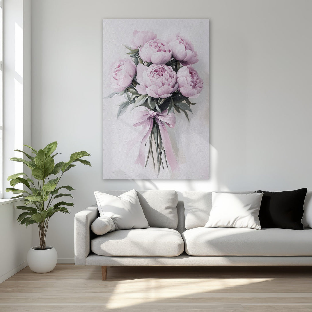 Framed Wall Art featuring a bouquet of pink peonies in a classic style. Adds a touch of elegance with its soft, pastel color palette. Perfect bedroom decor!