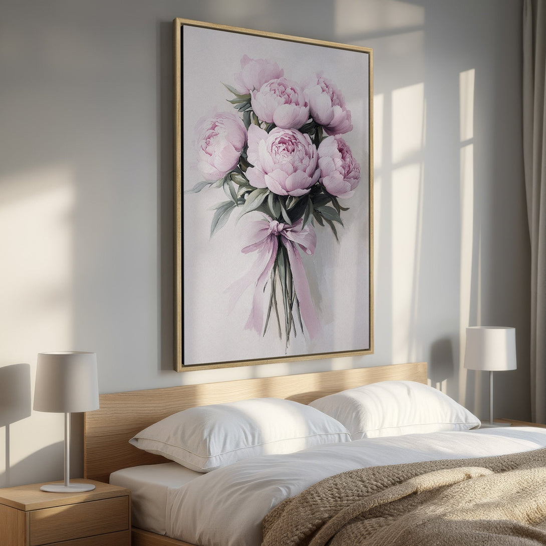 Framed Wall Art: Elegant peony bouquet in soft pinks and greens. Perfect for bedroom decor! Adds a touch of floral beauty to any space.