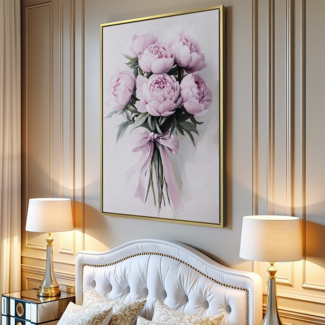 Canvas Print of pink peony bouquet in a modern interior. Soft, watercolor style with a pastel pink and green color palette.