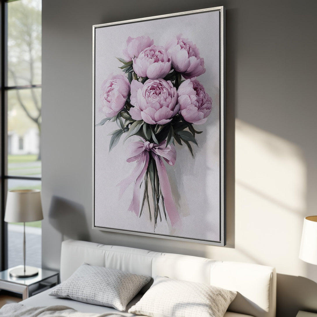 Framed Wall Art of pink peony bouquet. Elegant floral artwork in a soft, pastel color palette, perfect for bedroom decor. Shop beautiful canvas prints!