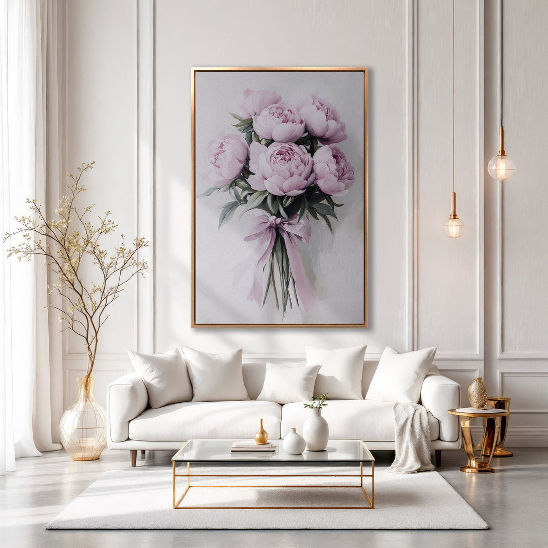 Framed Wall Art: Elegant peony bouquet in soft pinks & greens. Enhance your living room with this stylish floral canvas print. Modern home decor.