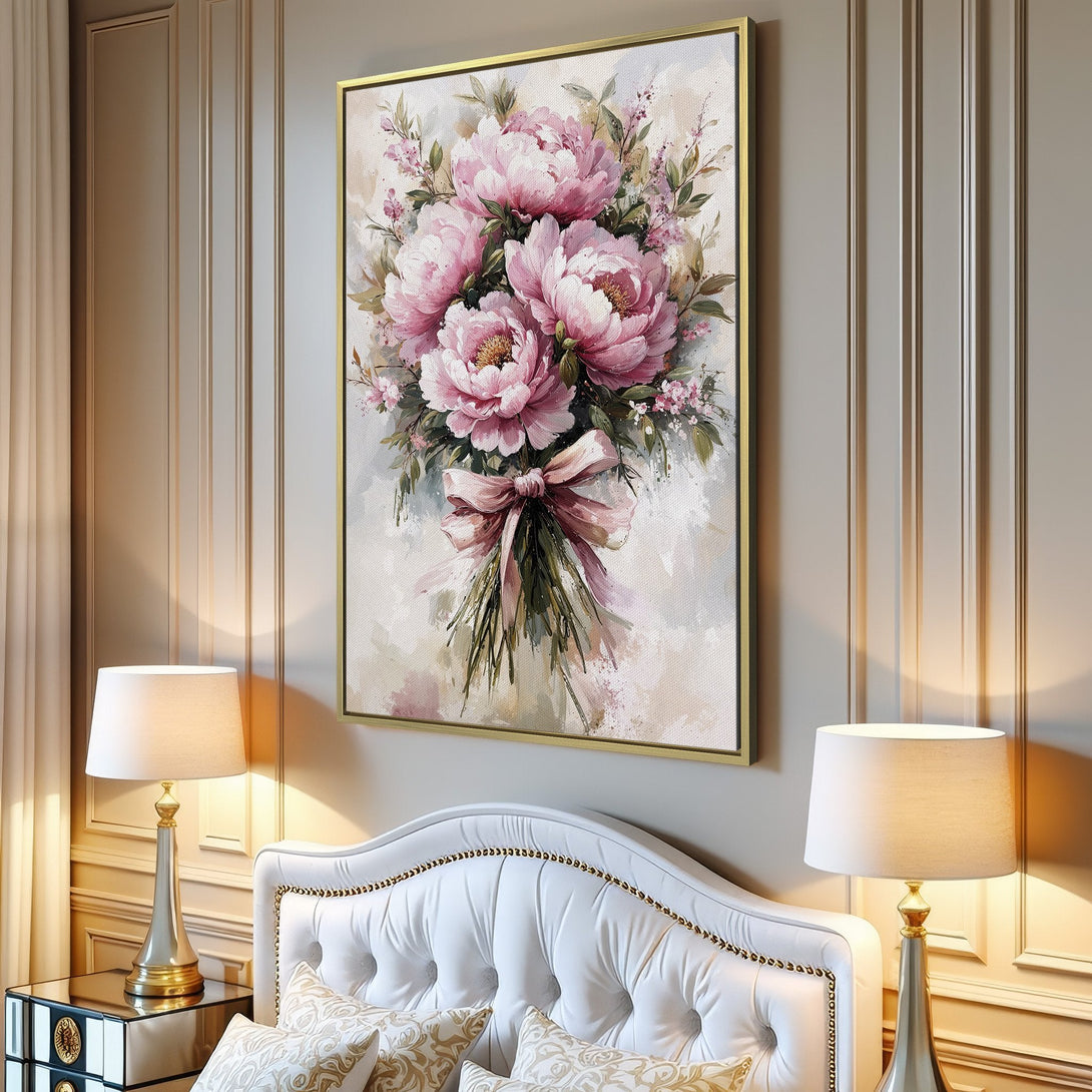 Canvas Print of pink peony bouquet in watercolor style, displayed in a modern living room. Soft, pastel color palette for a touch of elegance.