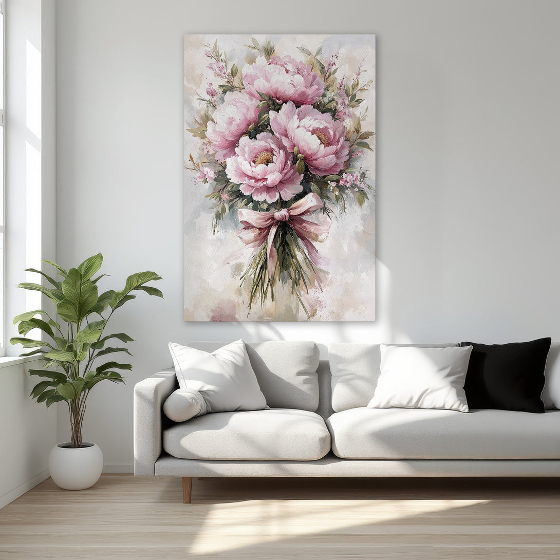 Framed Wall Art: Elegant floral painting featuring pink peonies. Perfect for bedroom decor. Soft, watercolor style with a blush and neutral color palette.