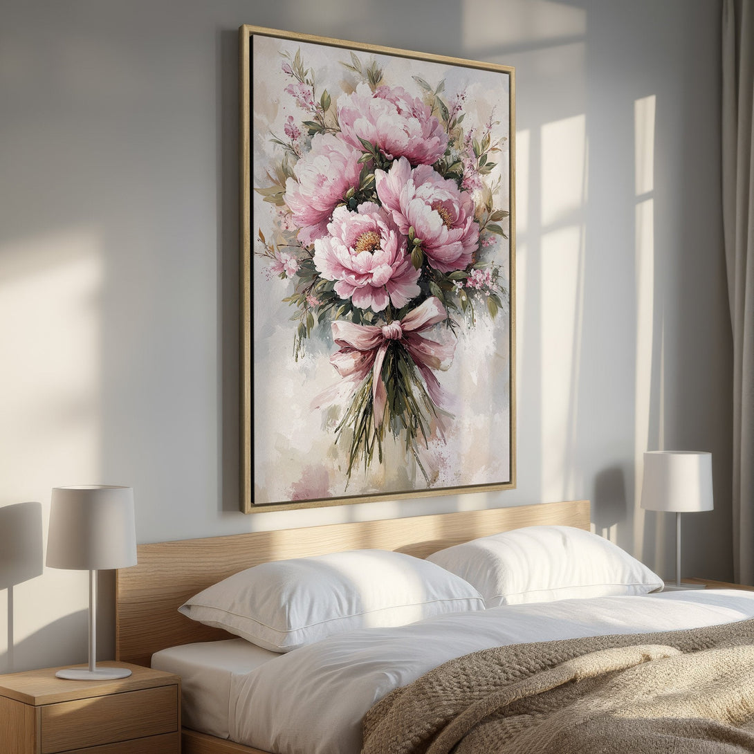 Framed Wall Art: Elegant floral Canvas Print with pink peonies. Adds a touch of romance to any bedroom. Soft, watercolor style with a neutral color palette.