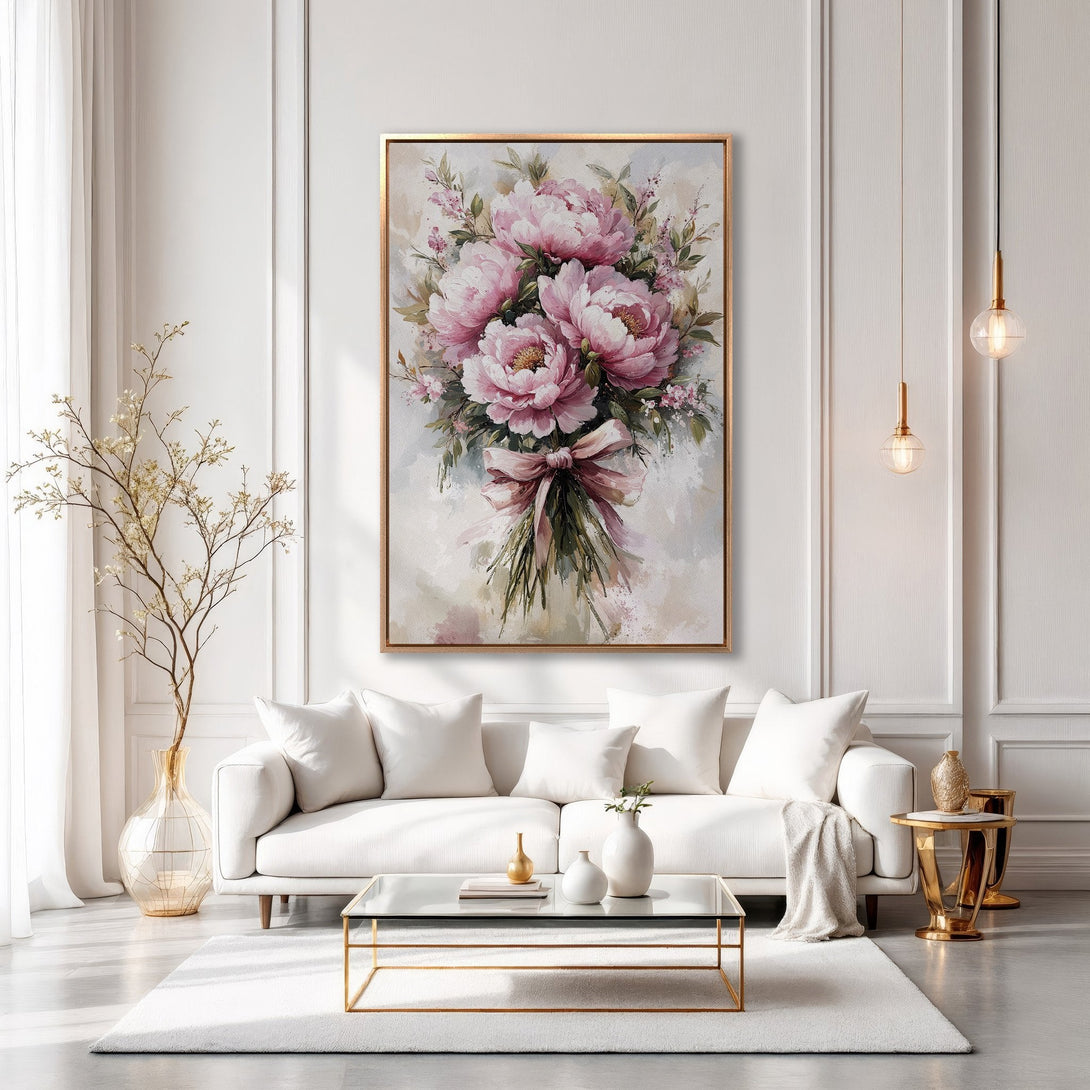 Framed Wall Art: Elegant floral painting with pink peonies. Adds a touch of luxury to any space. Soft, pastel color palette complements modern interiors.