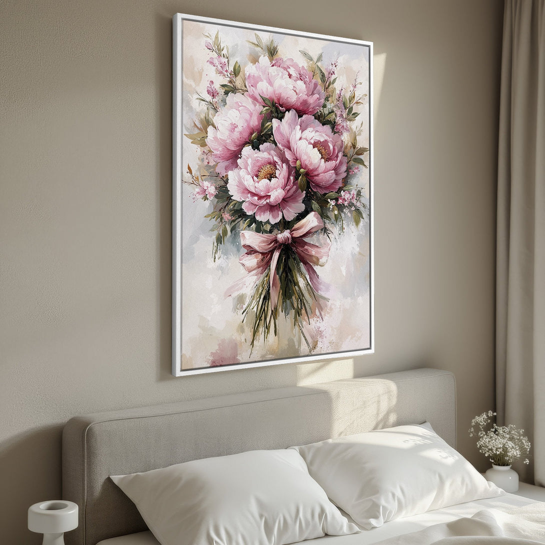 Framed Wall Art of pink peony bouquet in a soft, watercolor style. Perfect for adding a touch of elegance to any room with its blush and neutral color palette.
