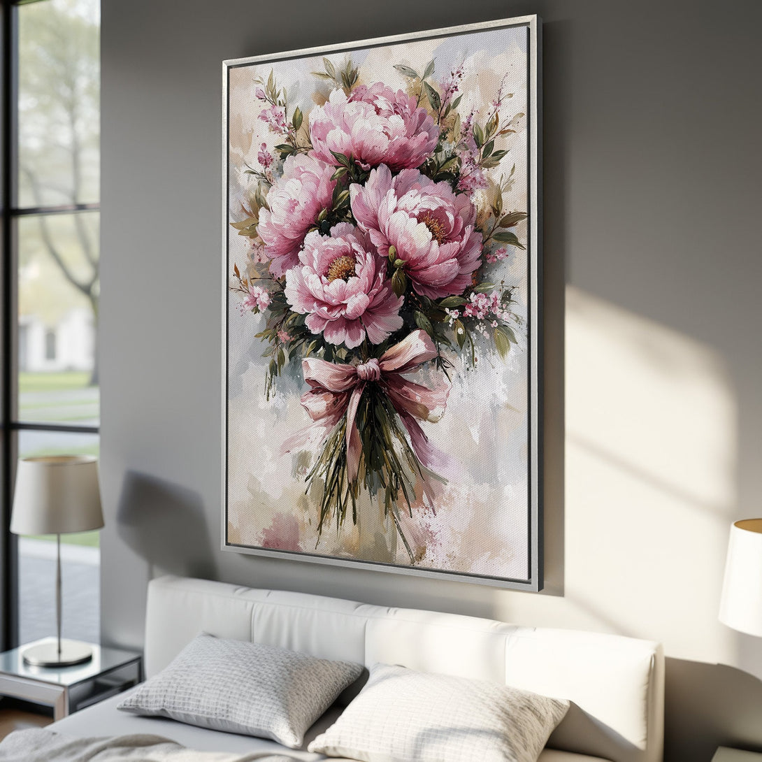 Framed Wall Art: Elegant floral canvas print featuring pink peonies. Perfect for bedroom decor. Soft, pastel color palette. Add a touch of romance to your space!