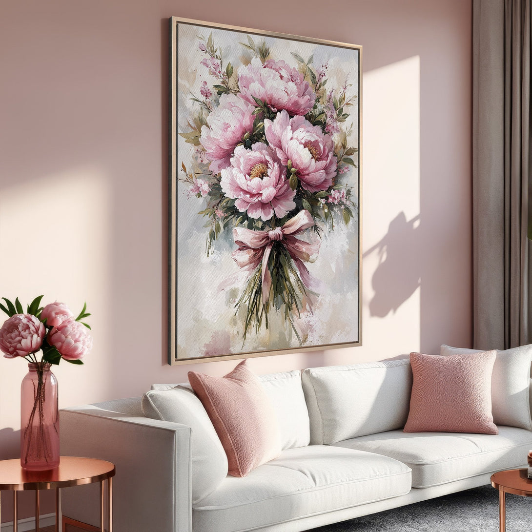 Framed Wall Art featuring a watercolor-style bouquet of pink peonies. Soft, romantic color palette perfect for adding a touch of elegance to your home decor.